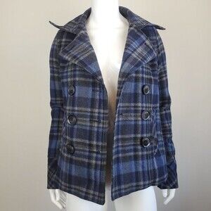 Vintage Y2K Aeropostale Blue Plaid Wool Pea Coat